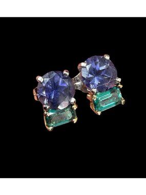 Vintage 14K Gold Tanzanite Emerald Post Stud Earrings Two Tone Multi Gemstone